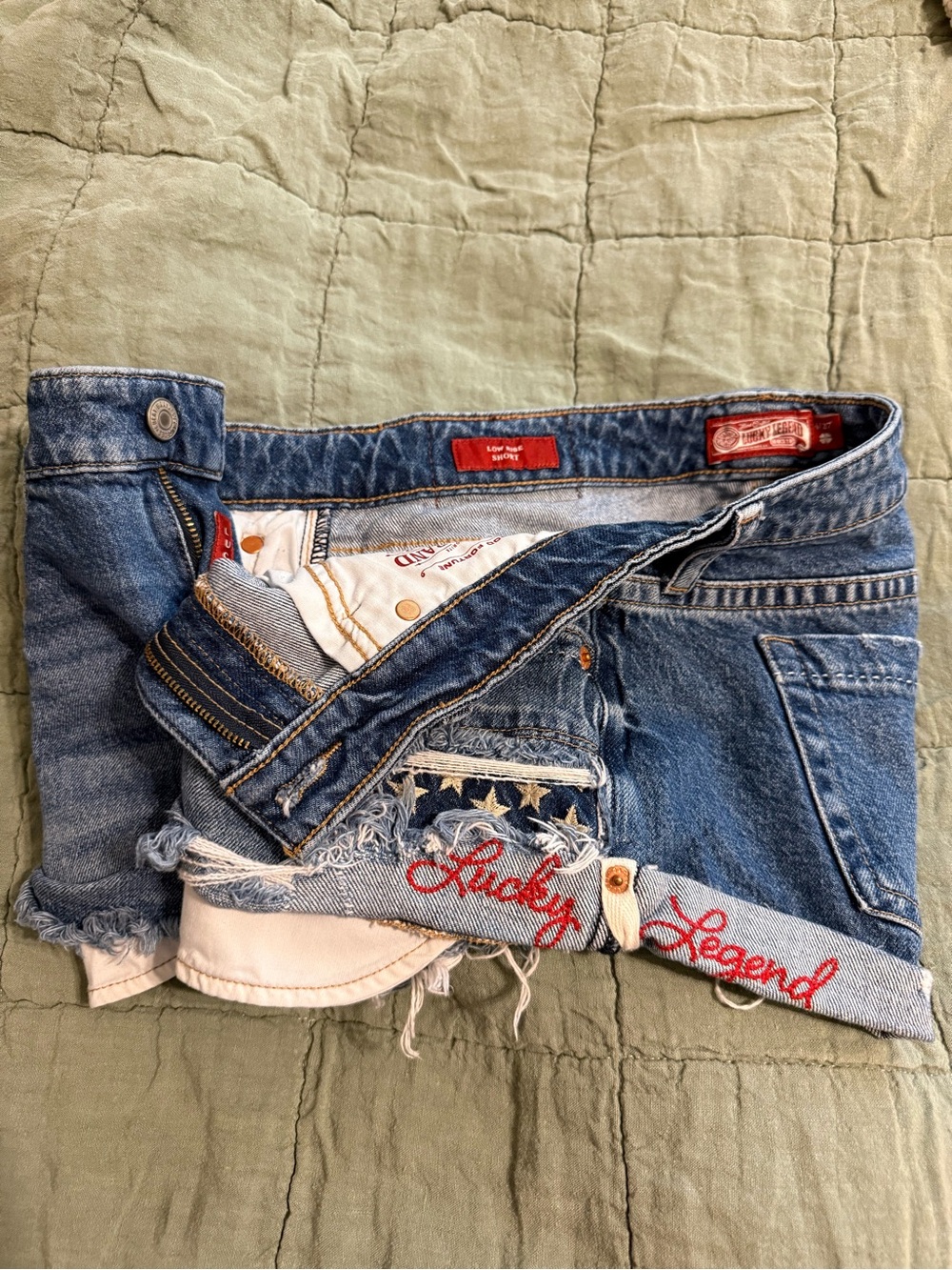 Lucky Brand Blue Denim Cutoff Shorts with Red Embroidered Cuff